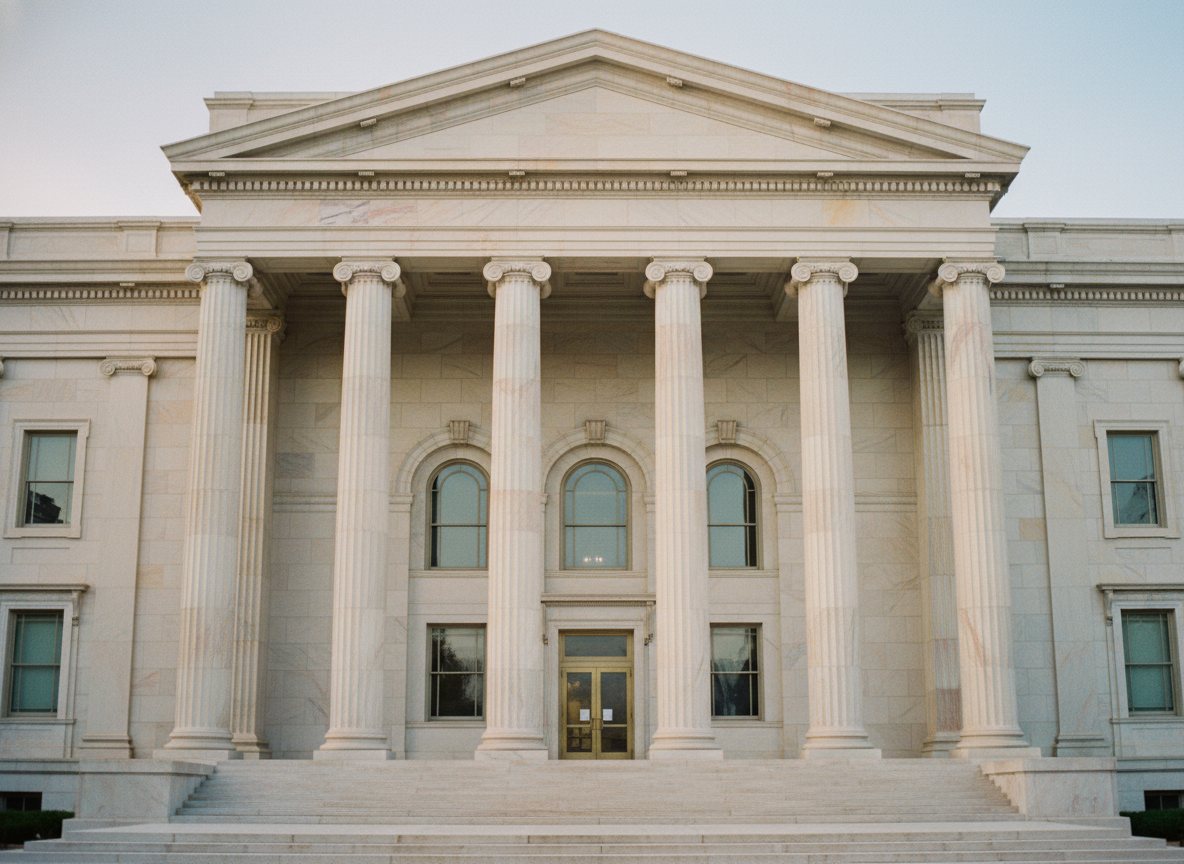 A calm, dignified courthouse exterior in soft daylight.