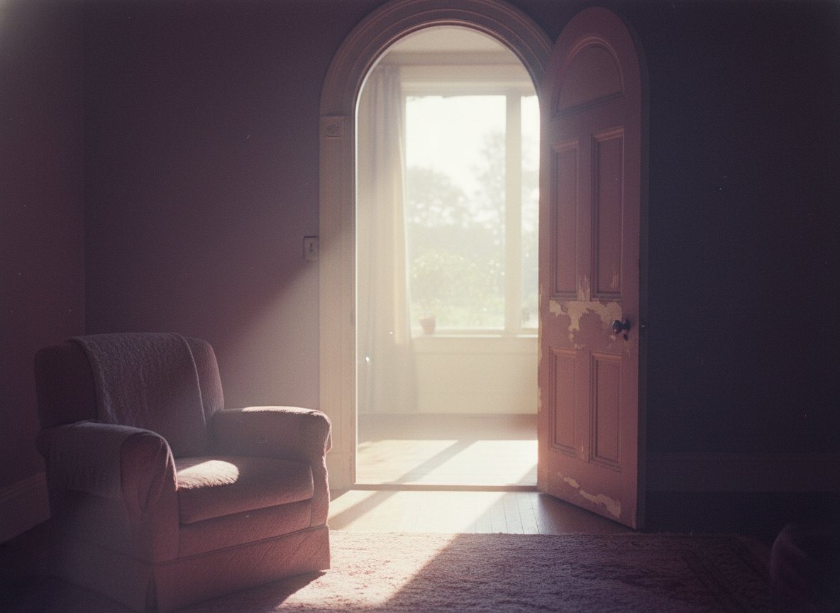 An open door leading toward soft, hopeful light — a quiet new beginning.