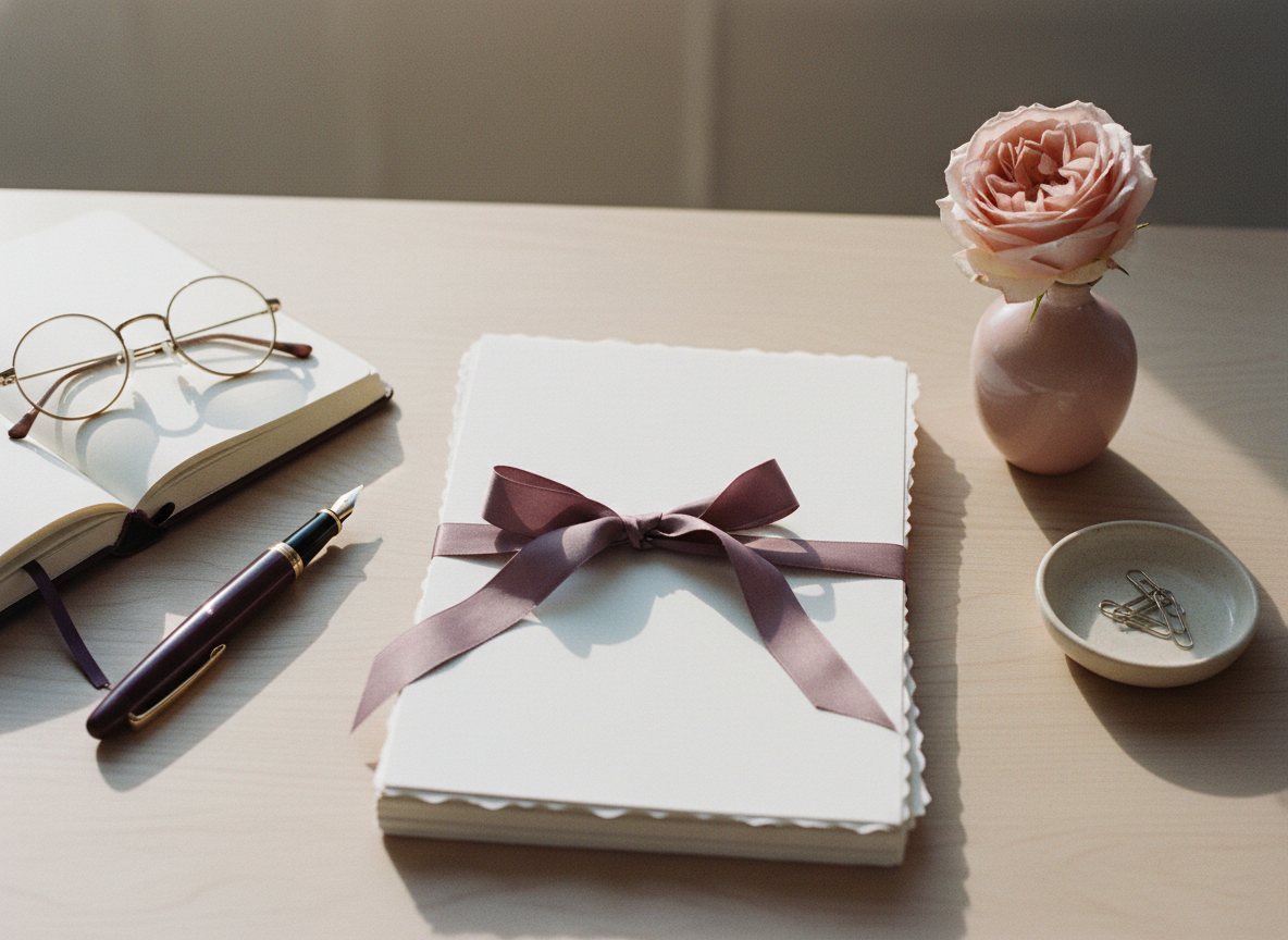 A calm desk with paperwork, a pen and soft plum and blush light.