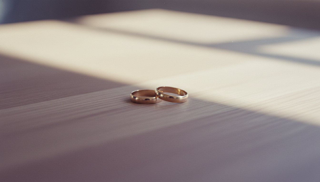 Two wedding rings set down gently on a calm wooden table in soft plum light.