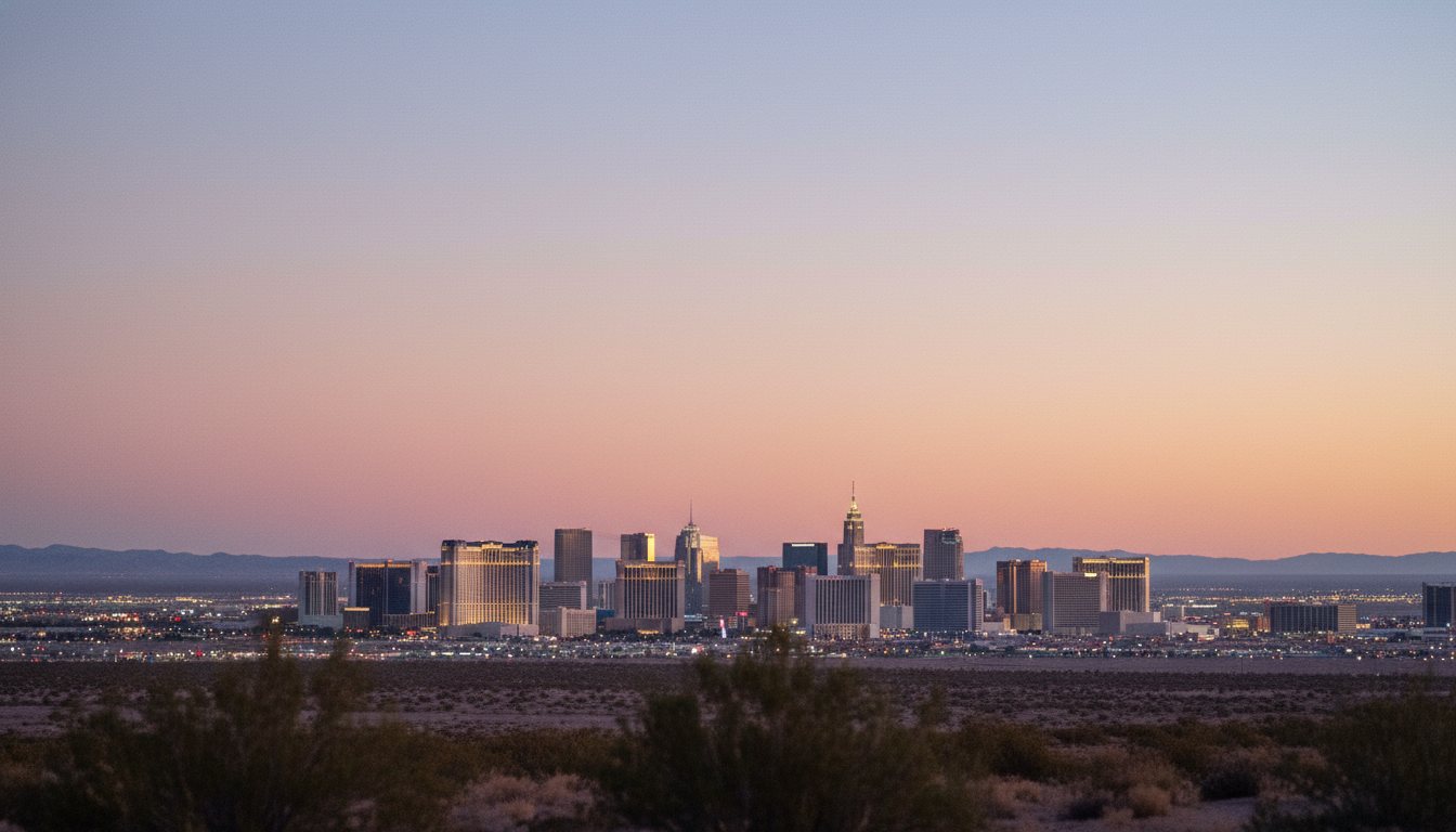 A serene Las Vegas skyline at dusk in soft plum and blush tones.
