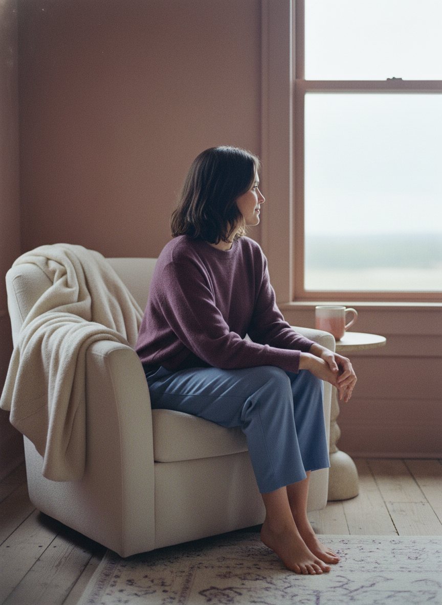 A person sitting calmly by a window, looking out at soft morning light.